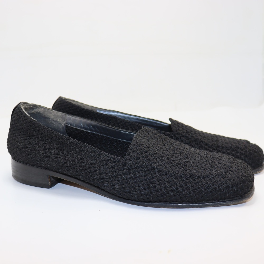 Stuart Weitzman Woven Loafers Black Womens Square Toe Flat Slip On Classic 9